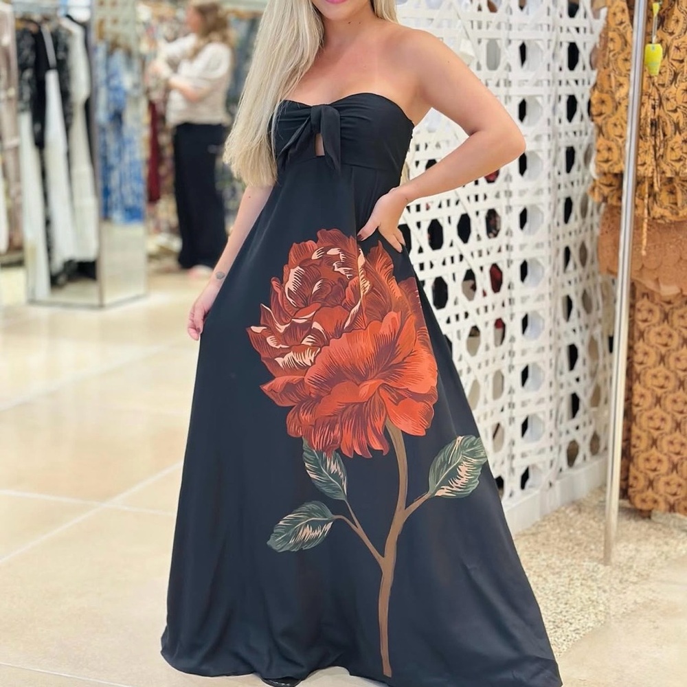 SOLD - FARM Rio Black Strapless Dress with Red Floral Design Size M - Picture 3 of 10